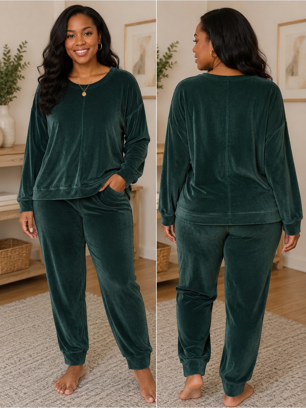 Velour Lounge Set - Deep Green Long-Sleeve Top & Jogger Pants, XL